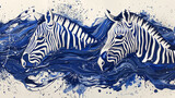 Two zebras are swimming in the ocean. The water is blue and white. The zebras are surrounded by splashes of color
