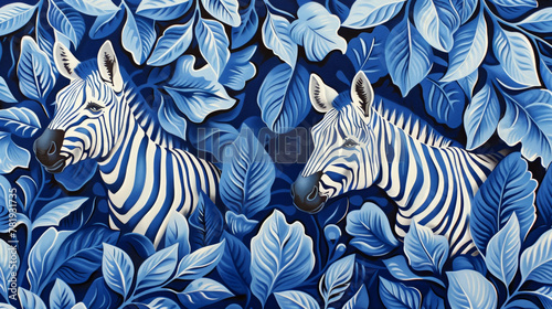 Two zebras are standing in a forest of green leaves. The zebras are surrounded by the foliage, and the blue and white colors of the zebras contrast with the green leaves photo