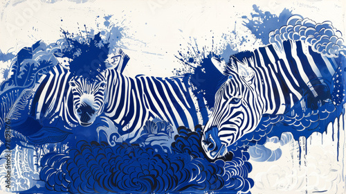 Two zebras are lying on a blue and white background. The blue and white colors create a sense of calmness and serenity. The zebras are resting and enjoying the peaceful environment