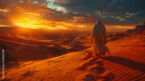 A man is walking across a desert with a sunset in the background. The scene is serene and peaceful, with the man's presence adding a sense of solitude and contemplation to the landscape photo