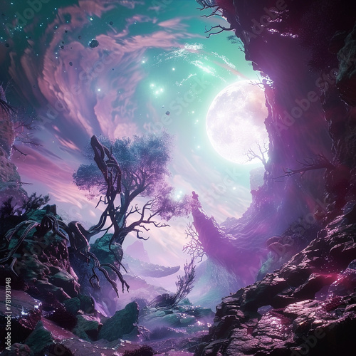 a surreal landscape where cosmic forces collide with the darkness of nature in a visually stunning abstract tale