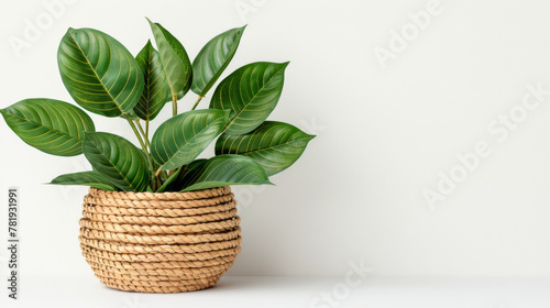 A plant is in a basket and is sitting on a white background. The plant is green and has a leafy appearance