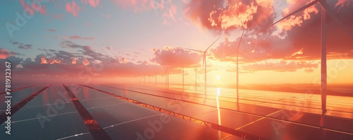 Modern wind turbines and solar cell panels in the sunset background photo