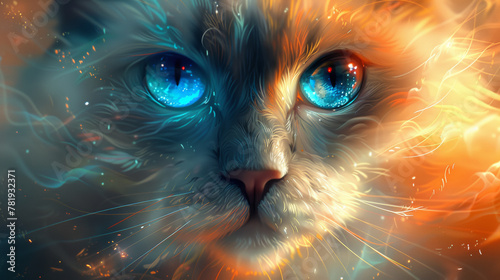 A cat with blue eyes and orange and blue fur. The cat is looking at the camera. The image has a dreamy, whimsical feel to it