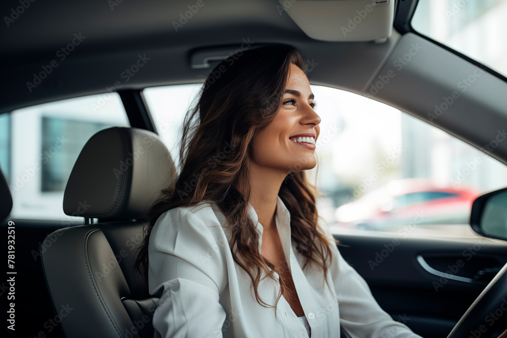 A smiling woman driving a car, dressed professionally, showcasing confidence and joy during an urban commute. A smiling woman driving a car, dressed professionally, showcasing confidence and joy during an urban commute.