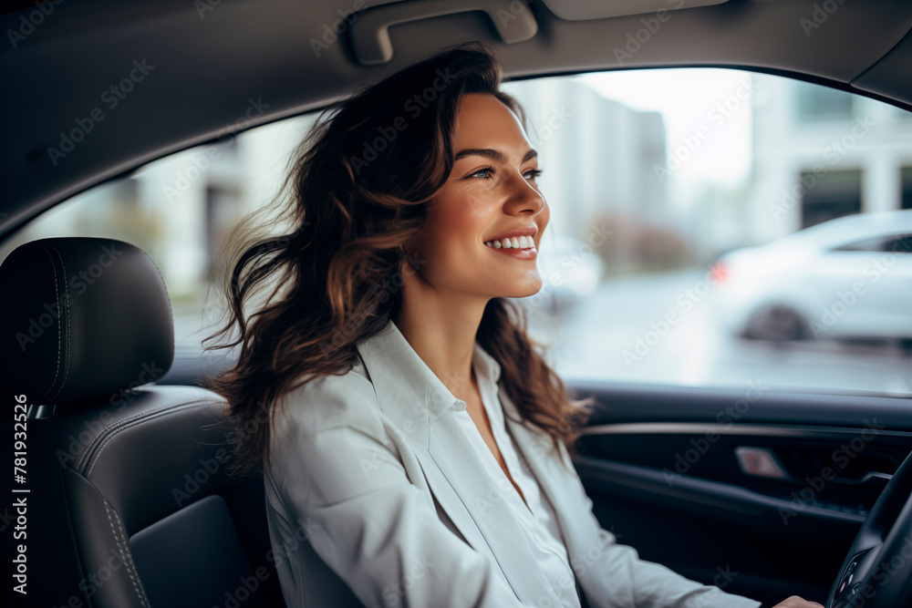 A smiling woman driving a car, dressed professionally, showcasing confidence and joy during an urban commute. A smiling woman driving a car, dressed professionally, showcasing confidence and joy during an urban commute.