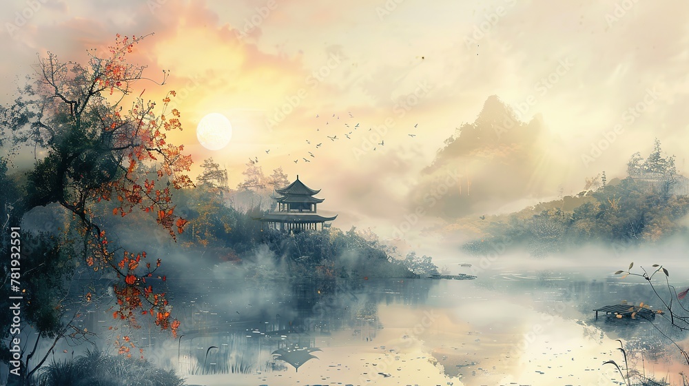 Naklejka premium Misty Oriental Landscape with Pagoda at Dawn
