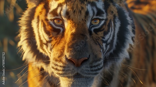 Close-up of a tiger s face and upper body with the animal looking straight ahead. Tiger s mouth is slightly ajar  revealing pink lips and small teeth. Background is blurred  featuring green-gray tones