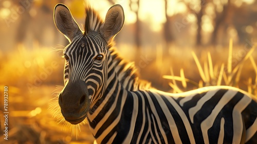 A zebra is standing in a grassy field. The zebra appears to be gazing towards the camera  adding a sense of curiosity to the serene and tranquil scene in the golden grass of the savanna.