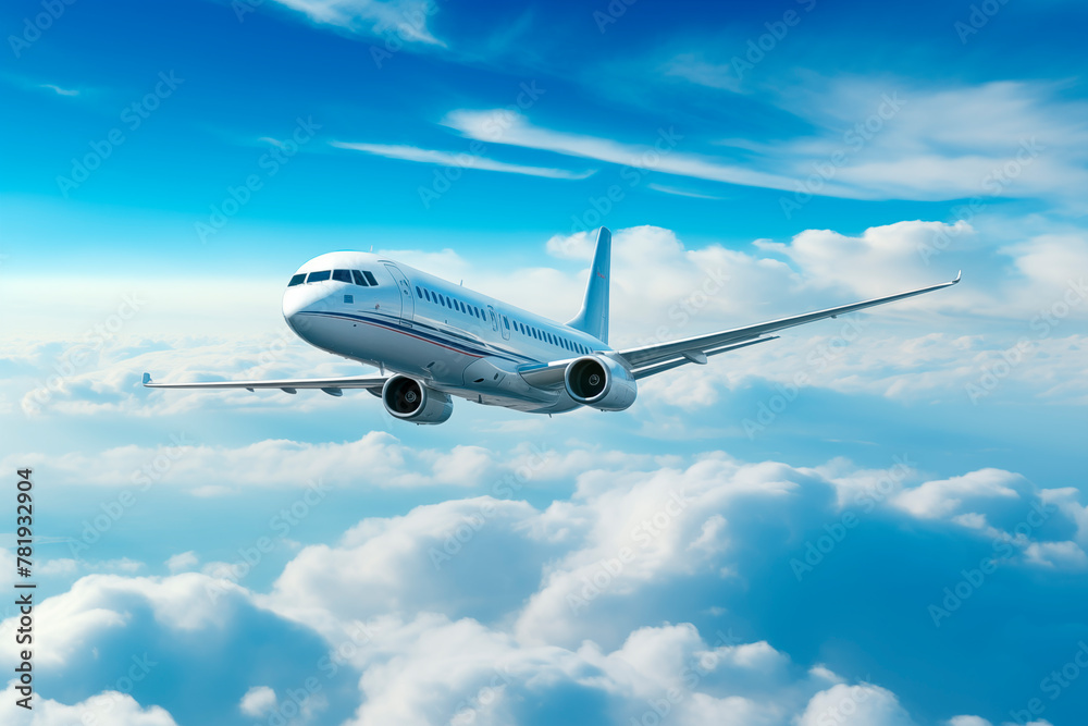 A commercial airplane flying high in the blue sky, surrounded by fluffy white clouds, symbolizing travel and freedom.