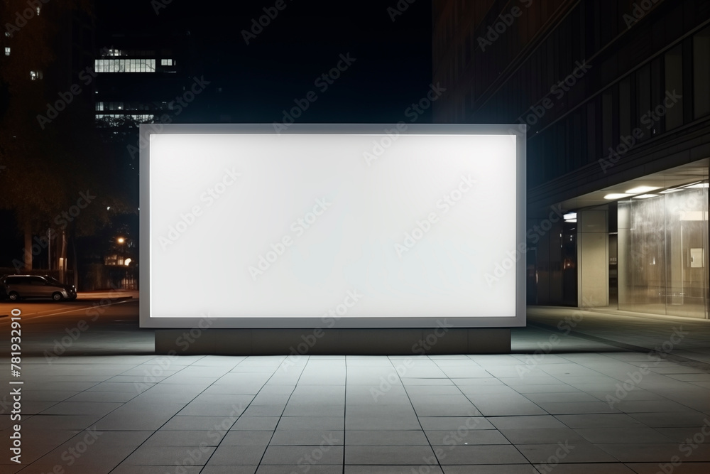 An empty advertising billboard illuminated at night in an urban setting, showcasing a blank white display against a backdrop of dark cityscape with buildings, street lights, and a parked car. An empty advertising billboard illuminated at night in an urban setting, showcasing a blank white display against a backdrop of dark cityscape with buildings, street lights, and a parked car.