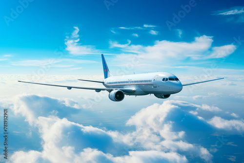 A commercial airplane flying high in the blue sky  surrounded by fluffy white clouds  symbolizing travel and freedom.