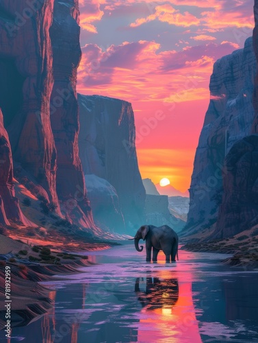Gentle giant wandering through a valley of giants, peaceful and serene under the soft hues of a twin sunset