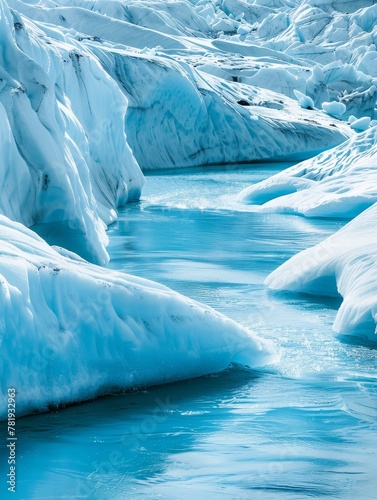 Glacier with a weeping face in the ice, melting streams reflecting a warming climate, stark blues and whites highlighting the beauty in despair