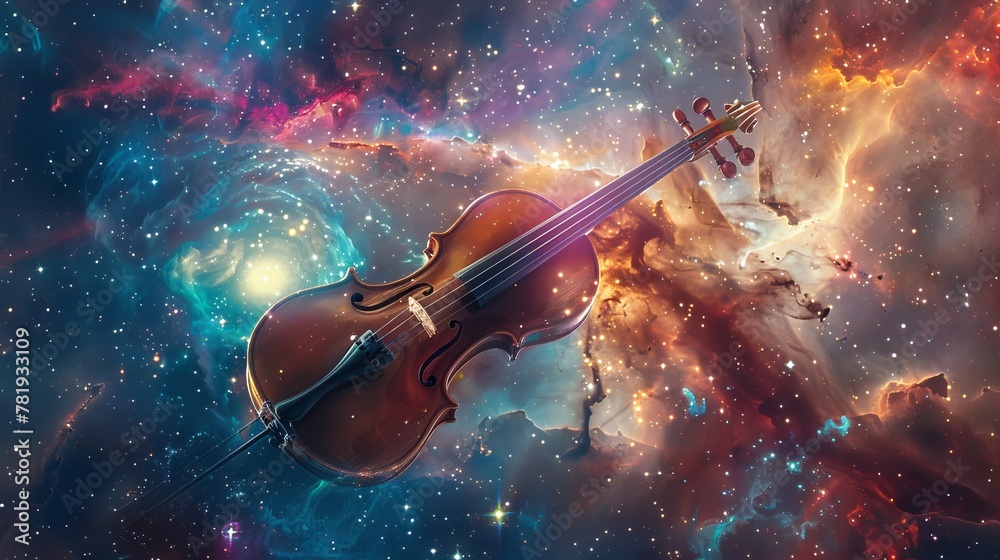 Violin with cosmic strings, galaxy swirl body, floating in starlit space, vibrant nebulas in the background, whimsical and clear