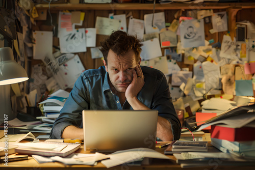 Frustrated tired man sitting at his working place in office with laptop and unorganized paperwork. Overwork in business, stress from messy