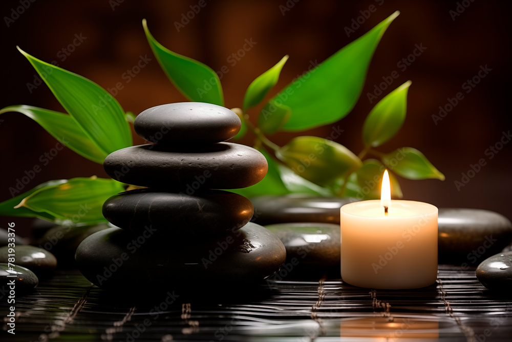 A peaceful spa setting featuring stacked stones, burning candles, and lush greenery, designed to evoke a sense of tranquility and calm. A peaceful spa setting featuring stacked stones, burning candles, and lush greenery, designed to evoke a sense of tranquility and calm.