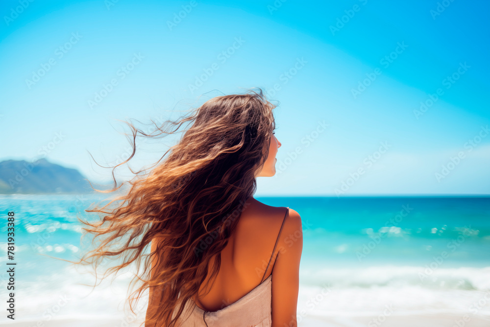 A joyful young Caucasian woman with flowing hair, smiling on a sunny beach, embodying a sense of freedom and relaxation. A joyful young Caucasian woman with flowing hair, smiling on a sunny beach, embodying a sense of freedom and relaxation.