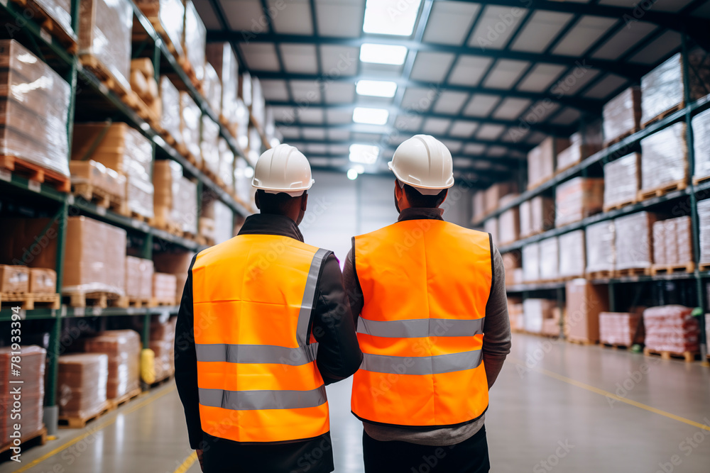 Two male workers in safety vests discussing logistics inside a warehouse, surrounded by shelves and storage boxes.