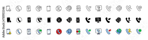 Phone icon collection. Phone call icons. Linear, silhouette and flat style. Vector icons