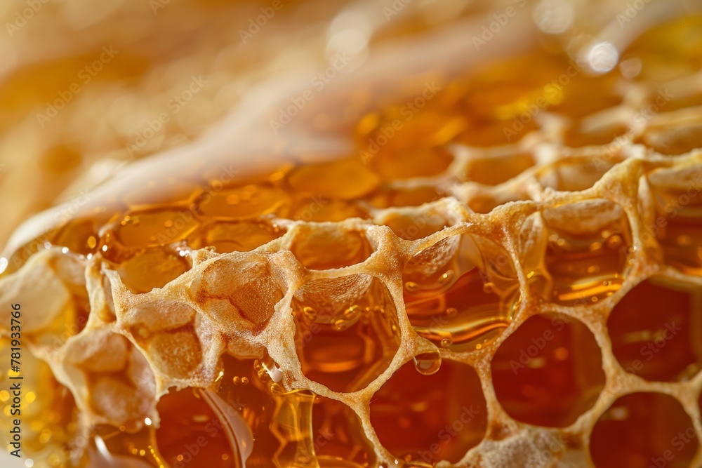 A close up of honeycomb with honey dripping from it A close up of honeycomb with honey dripping from it