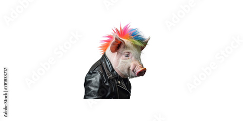  pig with colorful rainbow mohawk hair wearing black leather jacket isolated on white background photo