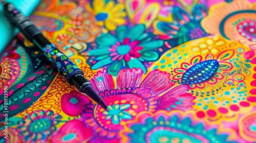 A colorful piece of art with a peacock and a flower