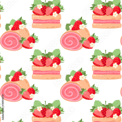 Pattern with two different strawberry cakes. Strawberry dessert with cream in flat style. Seamless pattern for textile, wrapping paper, background.