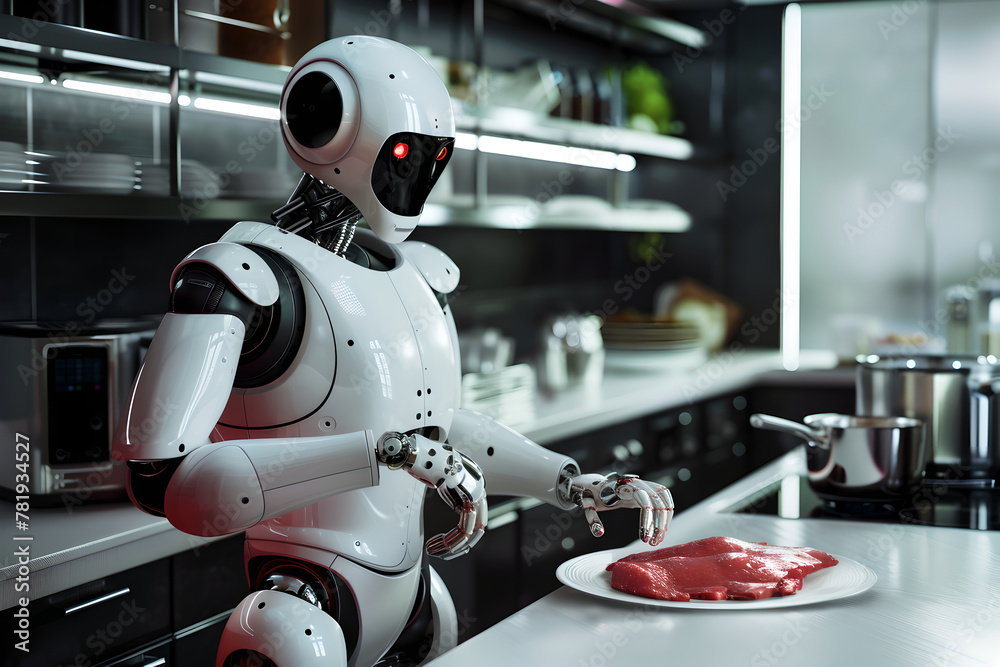Robot cooking food at home, helper chef on kitchen future. Artificial intelligence technology robot cook, future lifestyle Robot cooking food at home, helper chef on kitchen future. Artificial intelligence technology robot cook, future lifestyle