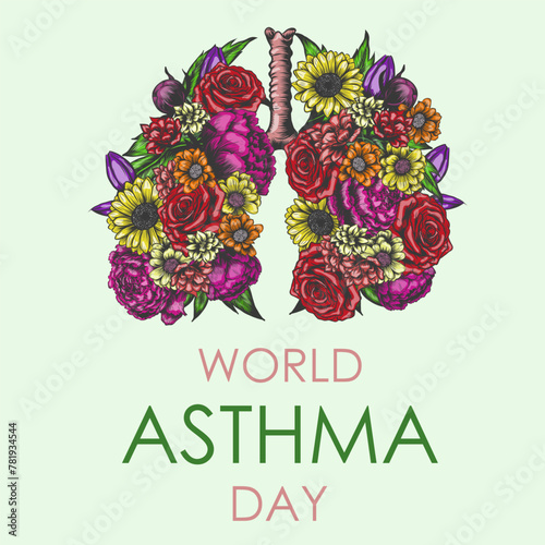 blossom healthy lungs. World Asthma Day concept. Hand drawn lungs with flowers. Modern Vector illustration for banner, card, awareness poster, print and brochure design.