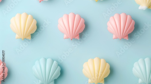 Colorful Seashell Flat Lay on Pastel Blue Background