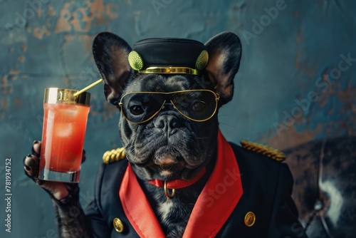 Cool French Bulldog in Retro Uniform with a Drink, Black French Bulldog Wearing Glasses