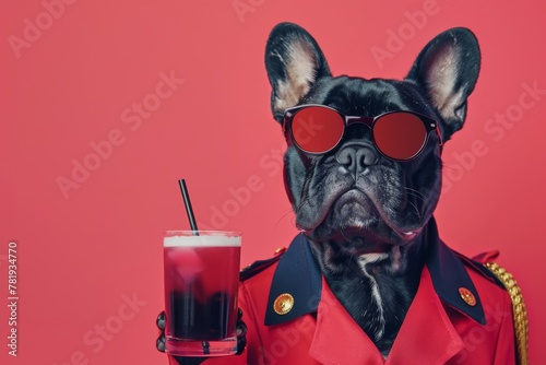 Cool French Bulldog in Retro Uniform with a Drink, Black French Bulldog Wearing Glasses © artemstepanov