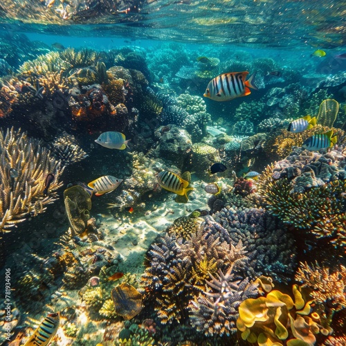 Sea Reef Snorkeling  Multicolored Coral and Fishes  Tropical Undersea Wildlife  Coral Fish