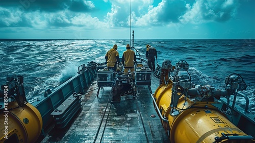 marine crew conducting oceanographic research at sea, working together on the ship's deck surrounded by waves photo