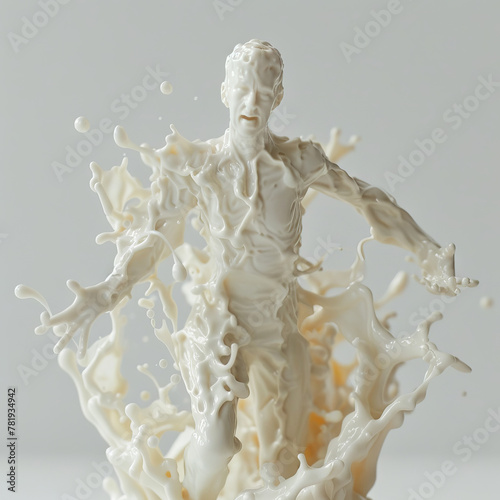 milk splash sculpt forms a human figture from a glass, white background