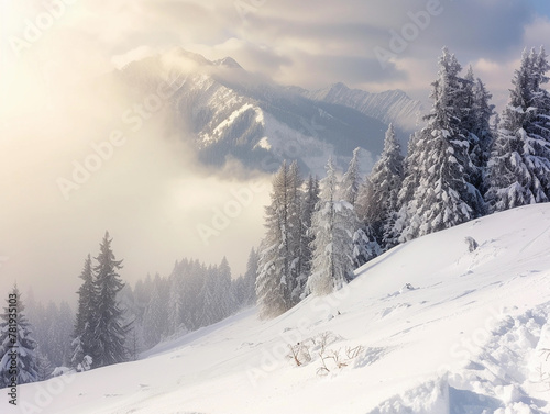 Misty Mountain Morning: Snowy Forest Landscape © pavlofox