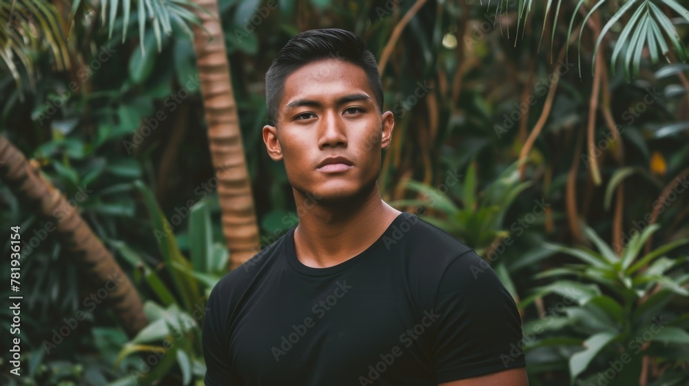 Confident Young Man Posing in Lush Green Forest Confident Young Man Posing in Lush Green Forest
