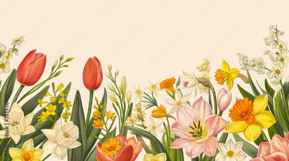 Spring Floral Border with Elegant Tulips and Daffodils on Pastel Background