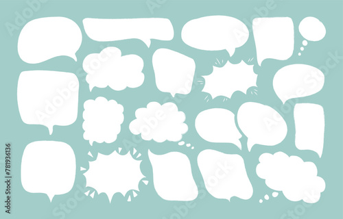 Set white speech bubbles isolated on blue background. Hand drawn different doodle talk balloons with grunge crayon texture. Empty thought and text clouds. Chat communication sign.