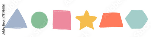 Set isolated colorful hand drawn simple geometric shapes with pencil rough edges. Childish vector illustration.
