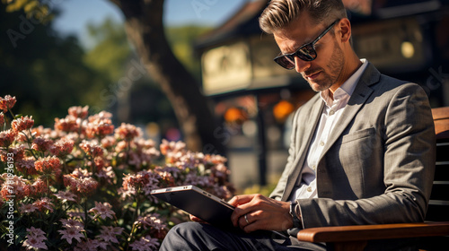 A stylish business man in a suit sits on a bench in a green summer park and reads his tablet