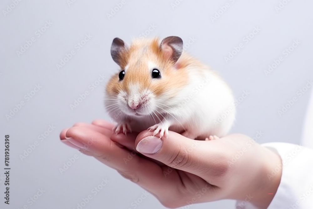 Cute hamster in the hands of a veterinarian in a white coat, light background. Close-up. Cute hamster in the hands of a veterinarian in a white coat, light background. Close-up.