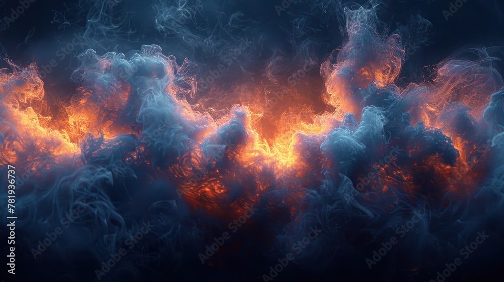 Fototapeta premium Blue smoke swirling against a dark, muted background.