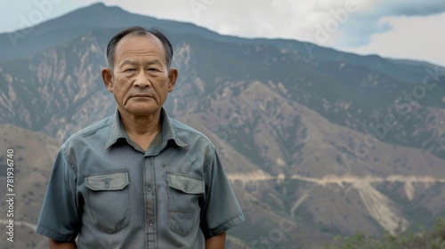 Senior Asian Man Standing Before Mountainous Landscape