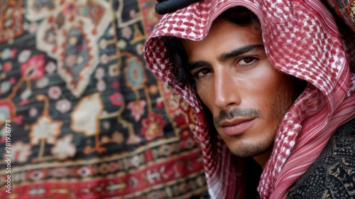 Handsome Middle Eastern Man with Traditional Headscarf Against Ornate Tapestry