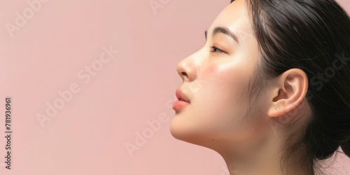 Serene Asian Woman with Flawless Skin on Pastel Background