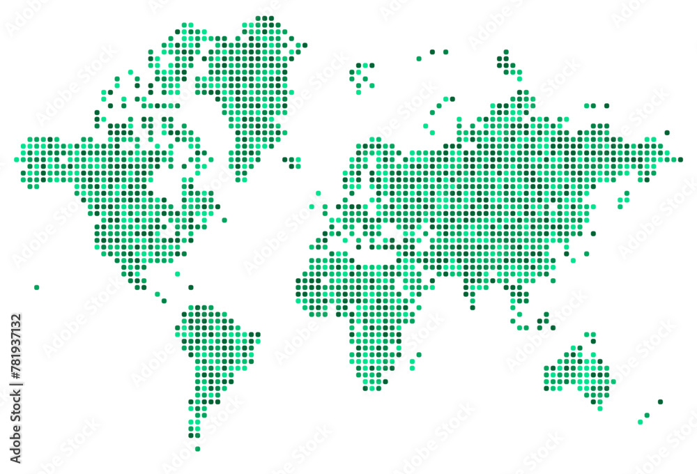 Schematic grainy world map image with continents in green eco style. Global world atlas in halftone dotted design. Simple dotted vector isolated on white background