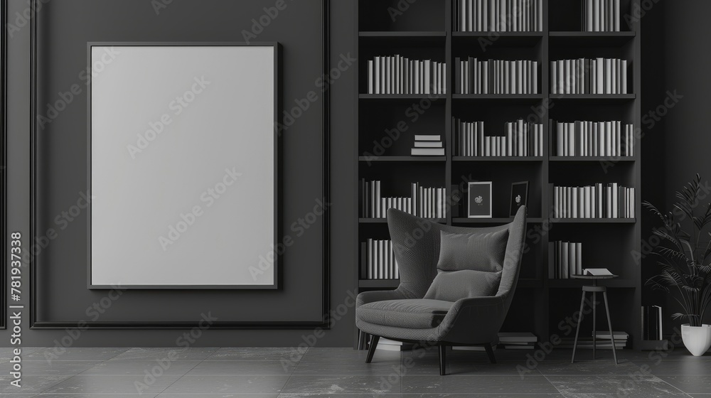 Contemporary Black Bookshelf and Armchair in Monochrome Room