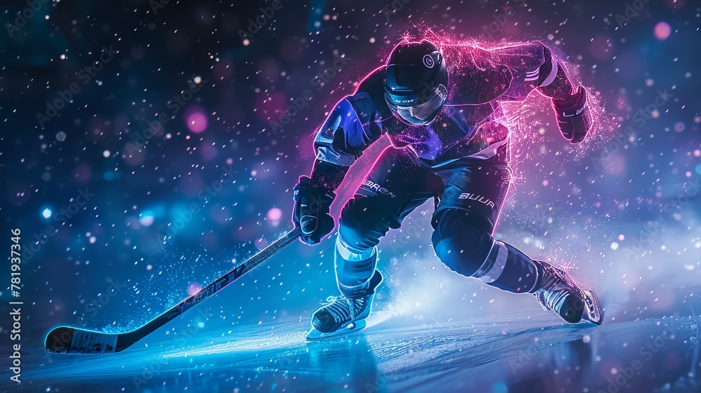 Hockey player in a neon chase, action and speed frozen on a dark rink